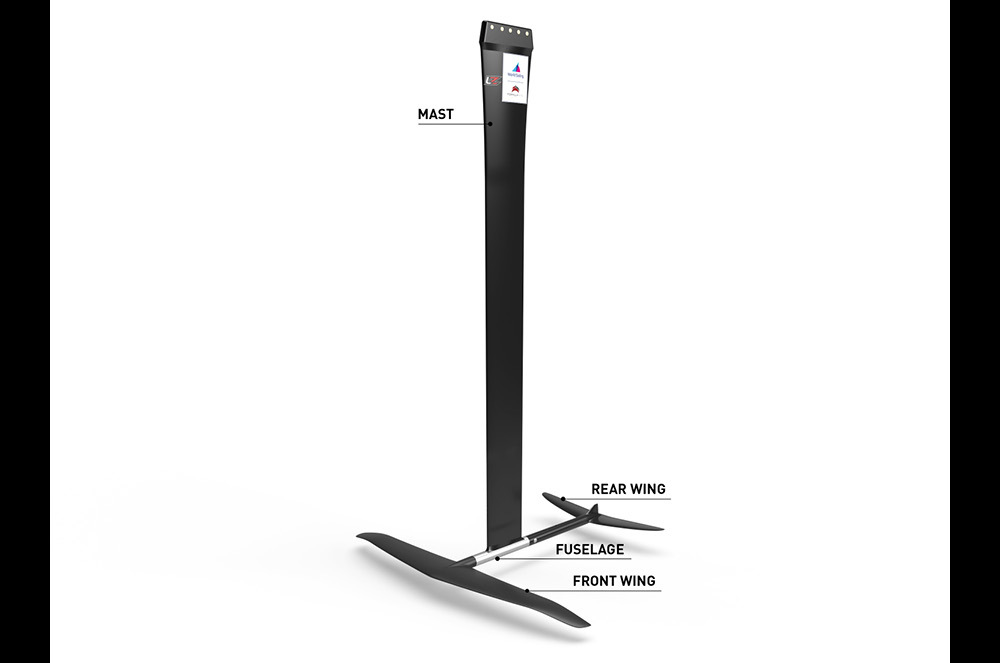 Picture 1: The Levitaz R5 Race Series Hydrofoil consists of a mast, front wing, fuselage, and rear wing.