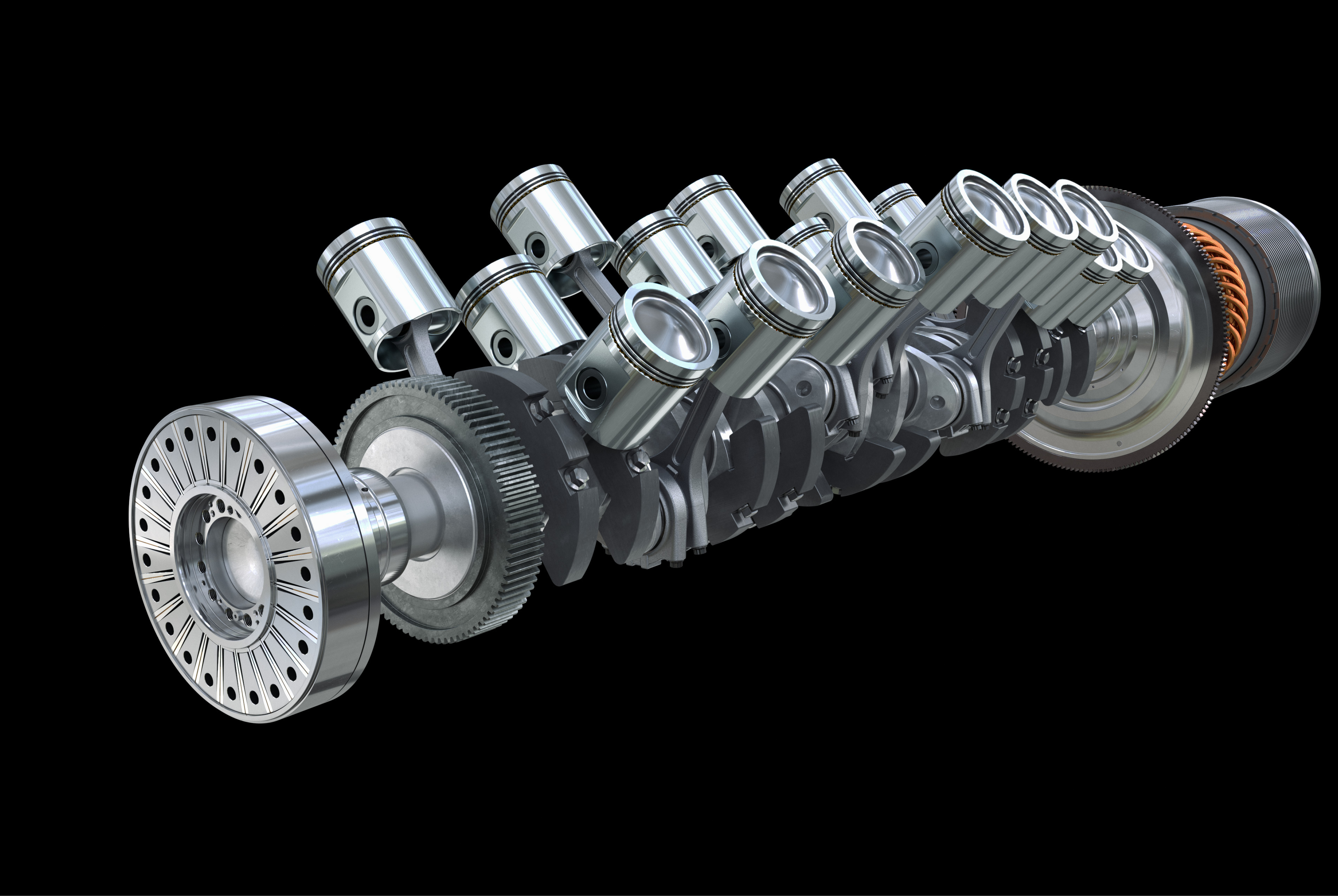 The powertrain consisting of a Geislinger damper, a crankshaft, a Geislinger coupling, and a generator.