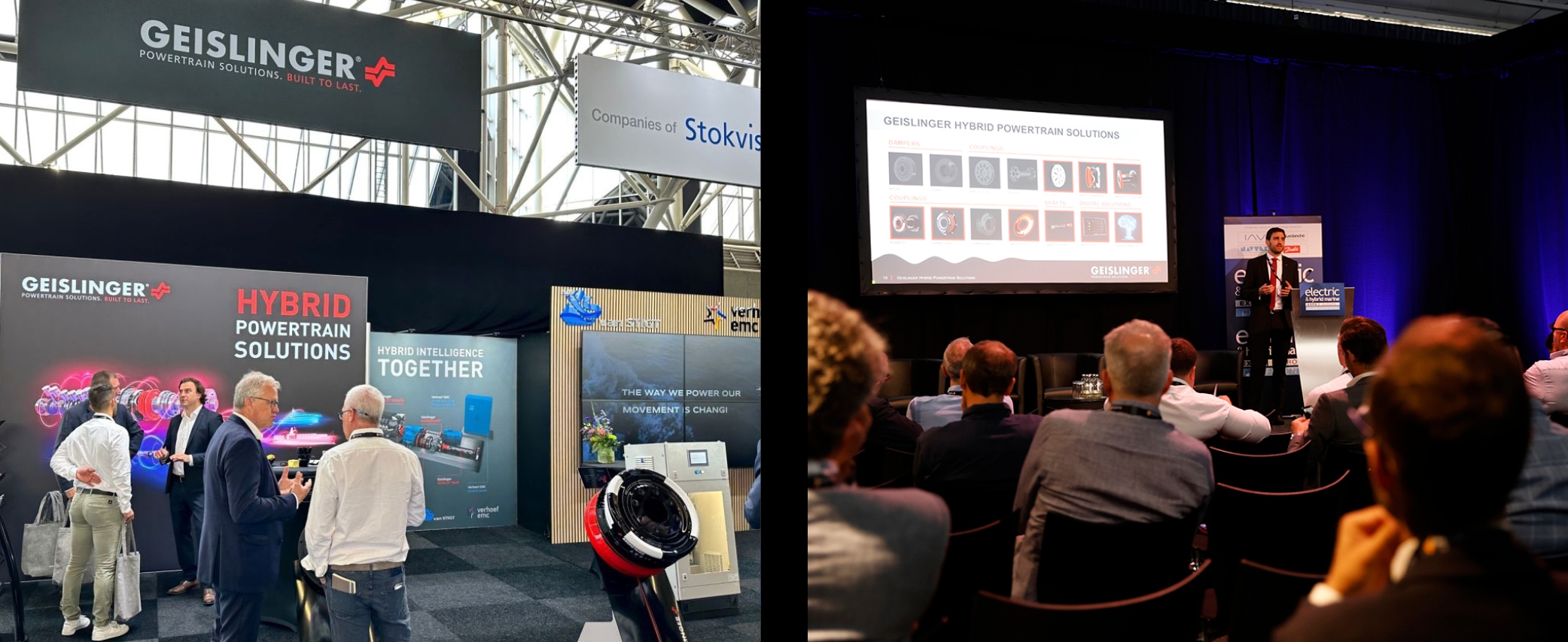 Picture 1: Joint booth. Picture 2: Thomas Winkler, Manager Hybrid Powertrain, giving his presentation at the Electric & Hybrid Marine Expo in Amsterdam.  © This image is kindly reproduced with the permission of Electric & Hybrid Marine Expo Europe'